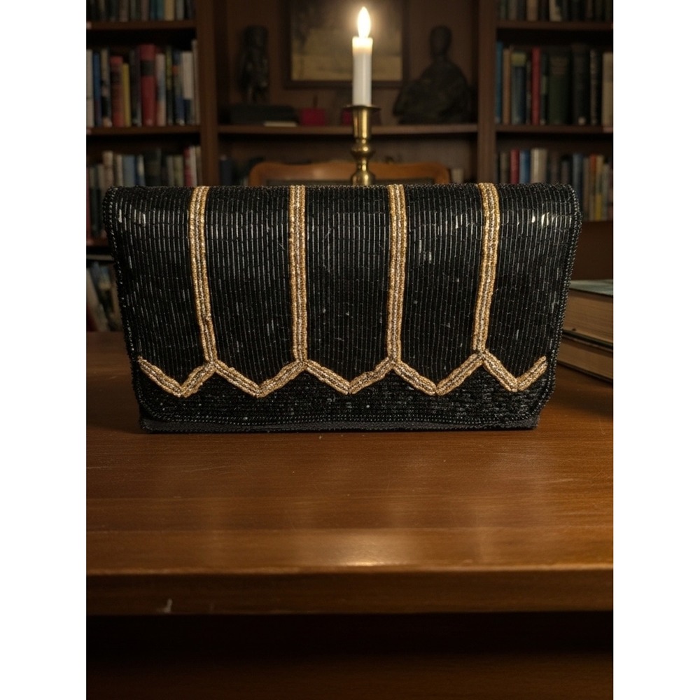 VTG La Regale‎ Black Hand Beaded Satin Clutch Evening Bag Dark Academia Coquette